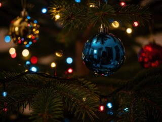 Close up of a shiny blue christmas ornament hanging on a fir tree branch decorated with colorful glowing string lights in the dark