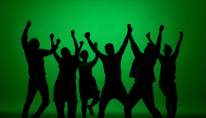 Black silhouettes of a group of people cheerfully celebrate their victory against a green chroma key background. Minimalist contrast and modern visual composition, mockup.
