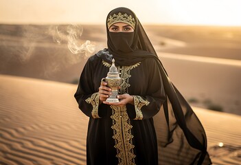 saudi Woman with Incense Burner in Desert Sunset