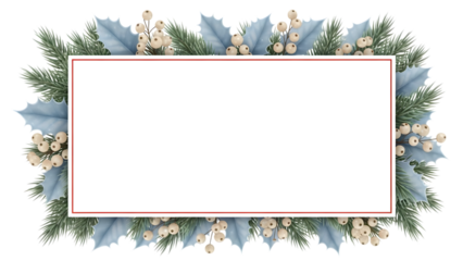 Christmas frame with blue holly, white berry, and pine branch border for holiday greeting card isolated on transparent background