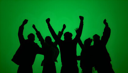 Fototapeta premium Black silhouettes of a group of people cheerfully celebrate their victory against a green chroma key background. Minimalist contrast and modern visual composition, mockup.