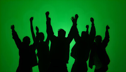 Black silhouettes of a group of people cheerfully celebrate their victory against a green chroma key background. Minimalist contrast and modern visual composition, mockup.