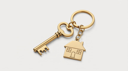 Golden House Key Keychain with Traditional Key and House Charm on White Background home