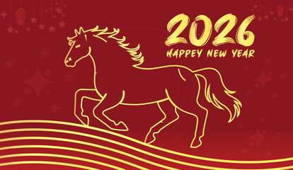 A vibrant Happy new year 2026 celebration featuring a horse and traditional lanterns