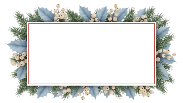 Christmas frame with blue holly, white berry, and pine branch border for holiday greeting card isolated on transparent background