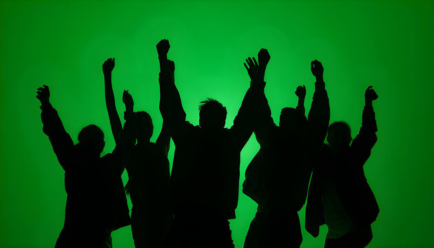 Black silhouettes of a group of people cheerfully celebrate their victory against a green chroma key background. Minimalist contrast and modern visual composition, mockup.