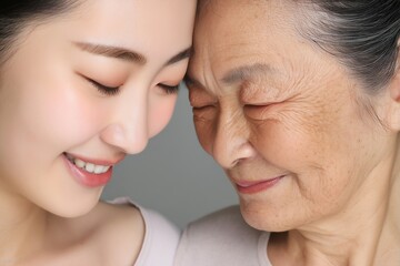 Obraz premium ​Close-up portrait of happy young and senior Asian women touching foreheads with eyes closed, representing family love and generations