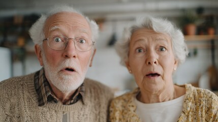 Elderly couple, an older man and an older woman, standing close together and looking up at the camera with surprised or shocked expressions on their faces.