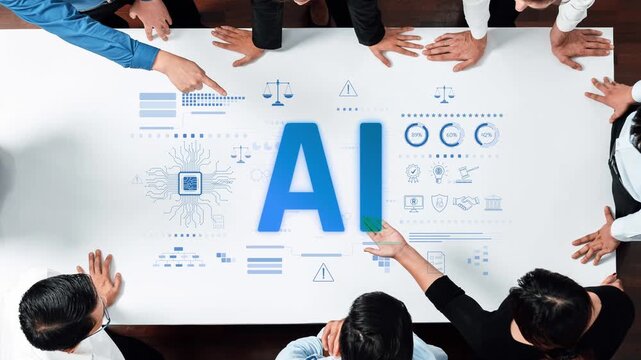 A diverse team gathers around a table, discussing artificial intelligence concepts and data analysis. Visual elements highlight collaboration, innovation, and future technology. Raster - Powered by Adobe