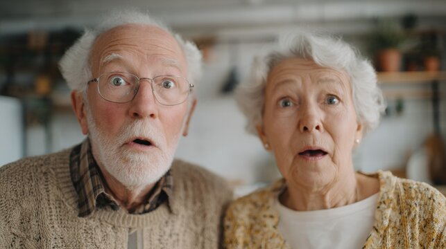 Elderly couple, an older man and an older woman, standing close together and looking up at the camera with surprised or shocked expressions on their faces. - Powered by Adobe