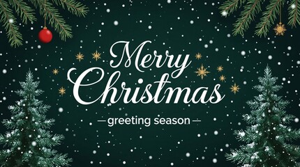 Elegant merry christmas greeting with snowfall and evergreen branches