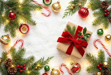 Festive Season's Embrace: An array of Christmas ornaments, candies, and a beautifully wrapped gift, all embraced by lush fir branches and warm, twinkling lights, set atop a bed of soft, wintry snow.