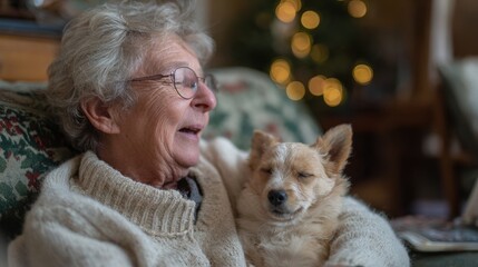 Elderly woman sitting on a couch with a small dog in her lap. the woman is wearing a beige sweater and has white curly hair and glasses.