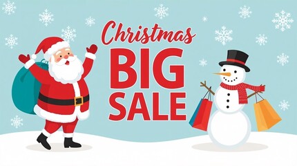 Santa claus and snowman announce christmas big sale event