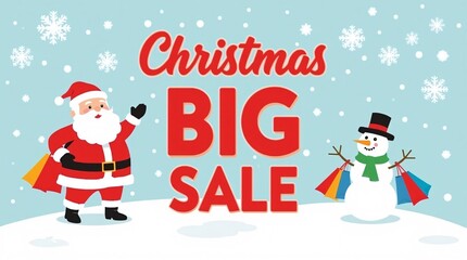 Santa and snowman announce a big christmas sale with shopping bags