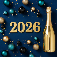 New Year's Eve Celebration: Festive scene of new year 2026, featuring golden decorations, a sparkling champagne bottle, and ornaments.