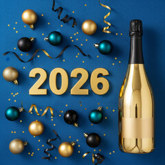 New Year's Eve Celebration with Champagne: An elegant composition showcasing the upcoming year alongside a bottle of golden champagne, surrounded by festive decorations, evoking anticipation and joy.