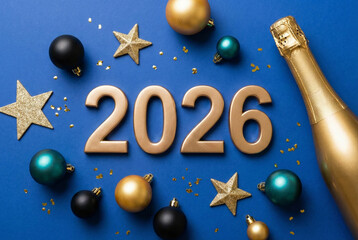 New Year 2026 Celebration: Golden numerals of '2026' sit amidst festive adornments, accompanied by sparkling champagne, encapsulating the essence of a jubilant new year celebration.