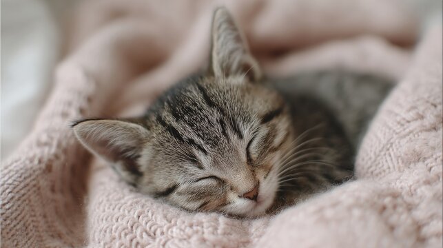 Close-up of a small kitten sleeping peacefully on a pink blanket. the kitten has gray and white striped fur and its eyes are closed. its head is resting on its front paws and its ears are perked up.