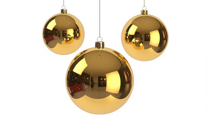 Three gleaming golden Christmas baubles suspended on fine chains against a white background ornament