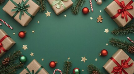Festive christmas gifts and decorations arranged around a green background