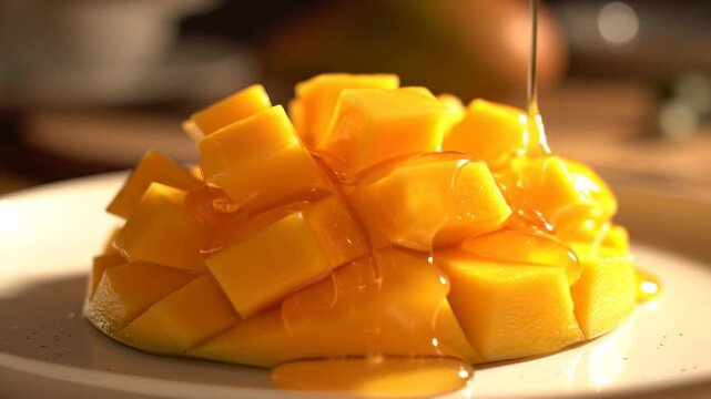 Fresh Mango Delight Close-up of Cubed Mango with Honey Drizzle for a Refreshing Treat