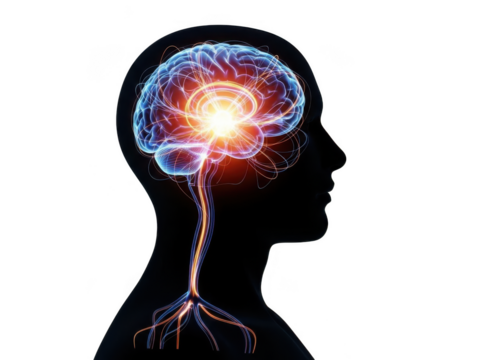 Glows with active neural pathways and brainstem connection transparent background