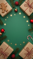 Festive christmas gifts and decorations arranged in a circle