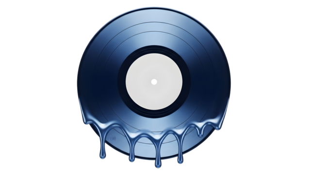 Melting blue vinyl record isolated on transparent background, symbolizing music decay or liquid sound concept - Powered by Adobe