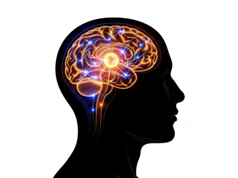 Glowing abstract brain neural network lights up with vibrant energy transparent background