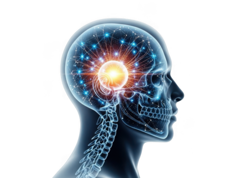 Illuminated human brain and neural network activity visualization transparent background