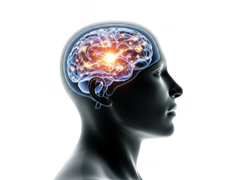 Digital illustration of a human brain with neural activity glowing within transparent background