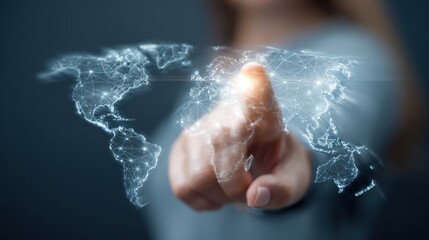 Human finger touching digital global network connections