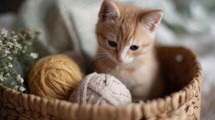 Close-up of a small orange kitten sitting in a woven basket. the kitten is looking directly at the camera with its ears perked up and its eyes wide open.