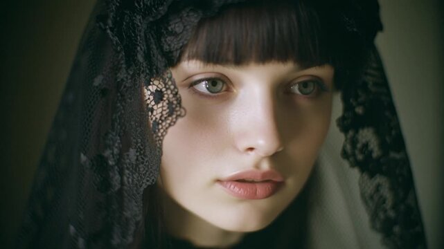 Portrait of a young woman in black lace veil