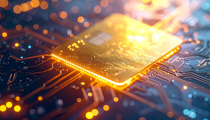 Technological Core: A vibrant golden computer chip, the heart of modern technology, intricately illuminated with electric circuits and bathed in a radiant glow. A symbol of progress and connectivity