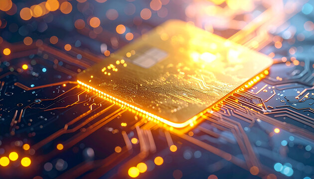 Technological Core: A vibrant golden computer chip, the heart of modern technology, intricately illuminated with electric circuits and bathed in a radiant glow. A symbol of progress and connectivity