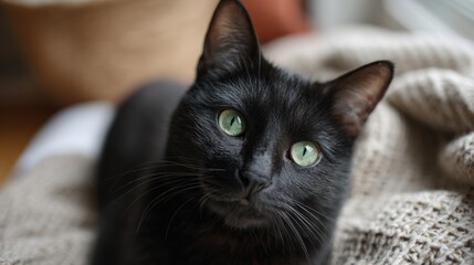 Close-up of a black cat lying on a beige blanket. the cat is looking directly at the camera with its green eyes. its fur is glossy and shiny, and its ears are perked up.