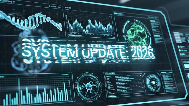 New year 2026 a mesmerizing digital display showcases intricate data visualizations, with a striking System Update message illuminating the screen.