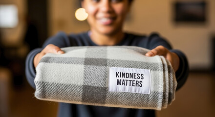 Kindness matters with soft blanket held by smiling person offering cozy gift. Kindness matters to everyone, so offer this fluffy material as present of comfort.