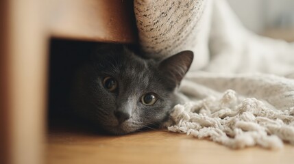 Close-up of a gray cat lying on the floor under a wooden chair. the cat is looking directly at the camera with a curious expression.