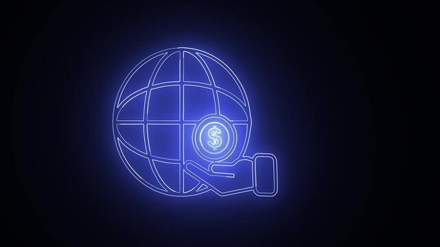 Global Finance Concept Neon Globe with Hand Holding Dollar.