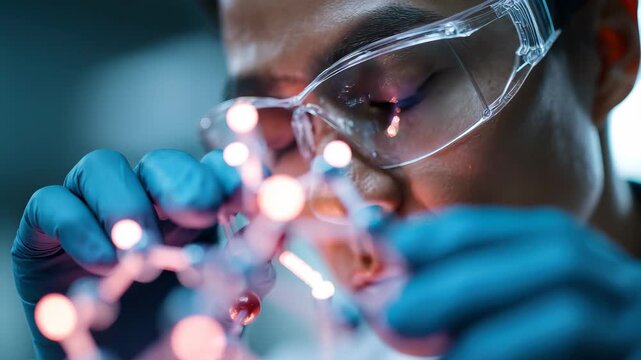 Scientist in biotechnology lab examines molecular structure with precision and focus under laboratory lighting