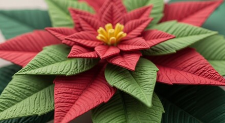 A close-up of a single, beautiful poinsettia flower, meticulously crafted from different shades of red and green textured paper.