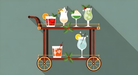 Colorful cocktail cart with various drinks on a green background  