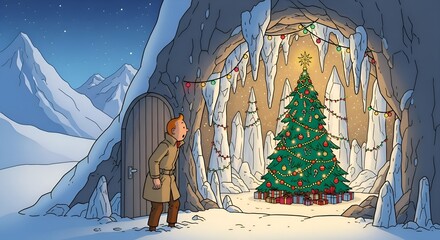 Cartoon character discovering Christmas tree in icy cave scene  