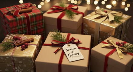 Season of giving presents creatively wrapped with bows and ribbons for gifting. Season of giving is highlighted by thoughtful presents arranged artistically for celebration of family.