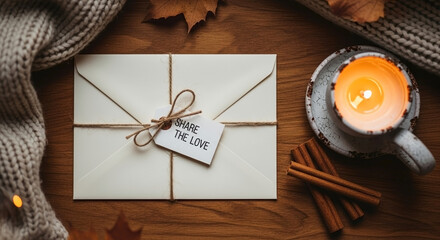 Share the love sentiment depicted by vintage envelope on rustic wooden surface. Share the love, with autumn leaves and cozy candle next to a woolen scarf creating a warm and inviting scene.