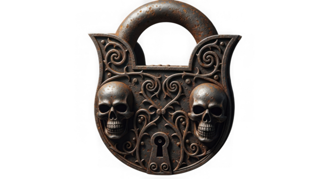 Ornate gothic padlock featuring skulls and intricate metalwork
