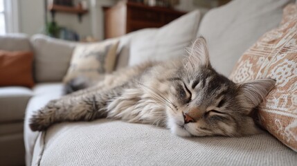 Cat sleeping on a beige couch. the cat is lying on its side with its head resting on a pillow. its eyes are closed and its body is stretched out in a relaxed position.
